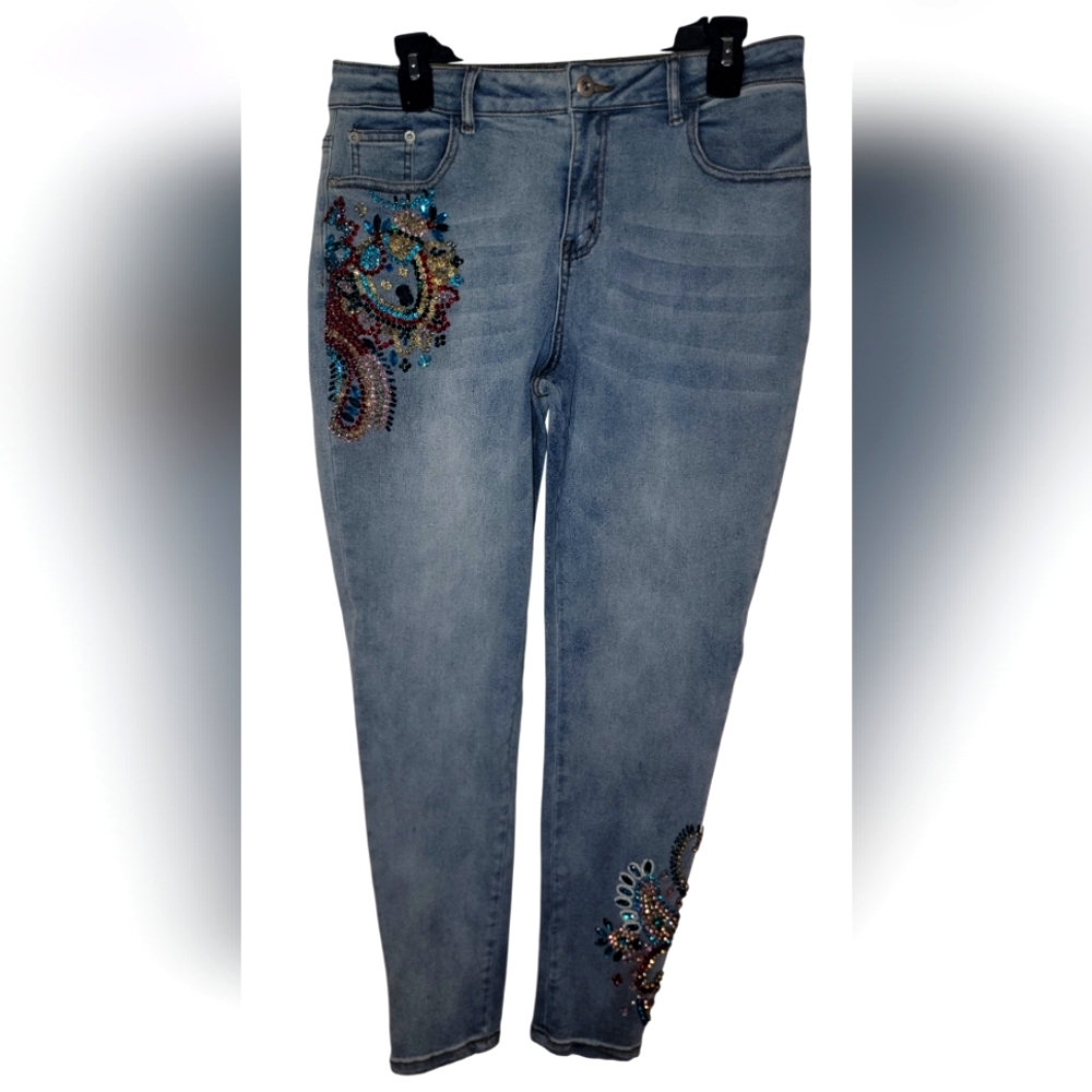 NOWT Boston Proper Sz 14 Womens Colorful Embellished Preppy Light Denim Jeans